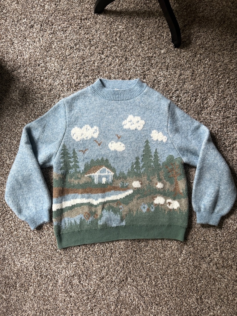 Mango Sky-Blue Cottage Sheep Scene Knit Sweater with Green & Cream Motif